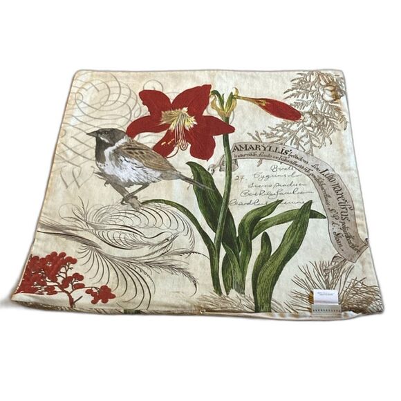 POTTERY BARN Amaryllis Birds Floral Linen Cotton Pillow Cover 24 x 24 inches - Picture 1 of 12